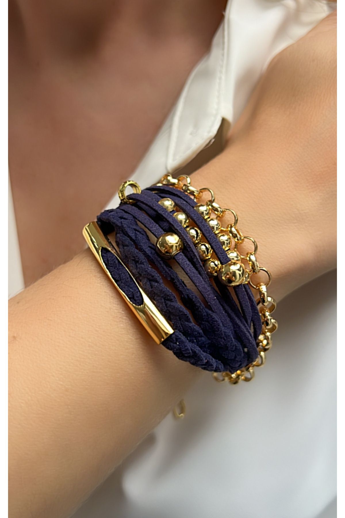 Kutcha Accessories Lacivert Çoklu Görünümlü Deri Bileklik – Gümüş / Altın Detay Seçenekli