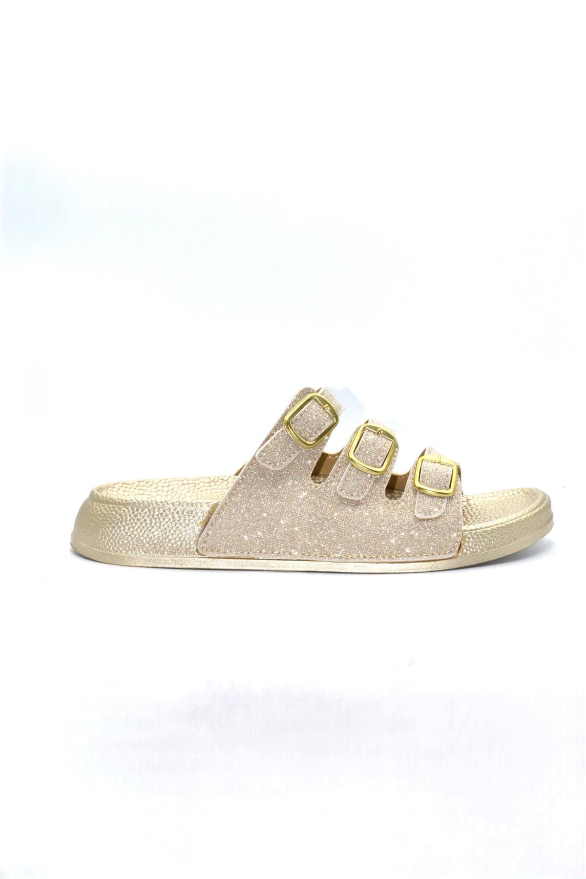 Shoemix Kadın Gold Simli Üç Toka Günlük Anatomik Terlik