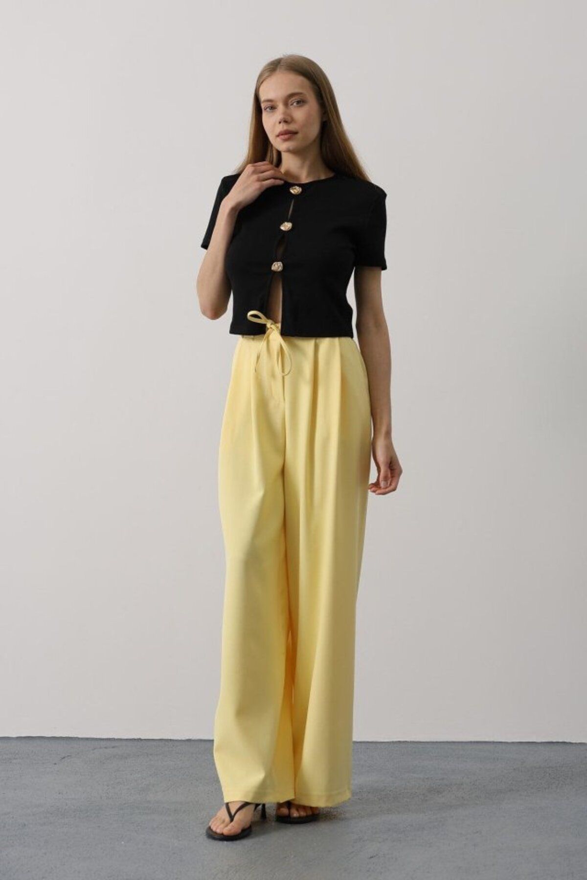 jupiter global bazaar Pileli Bağcıklı Oversize Pantolon - Sarı