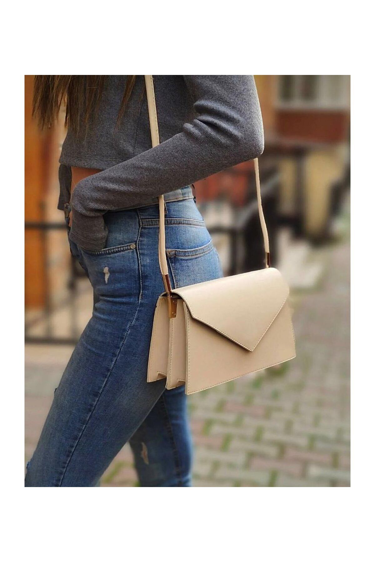 Butik Krem Zarf Kapak Çanta