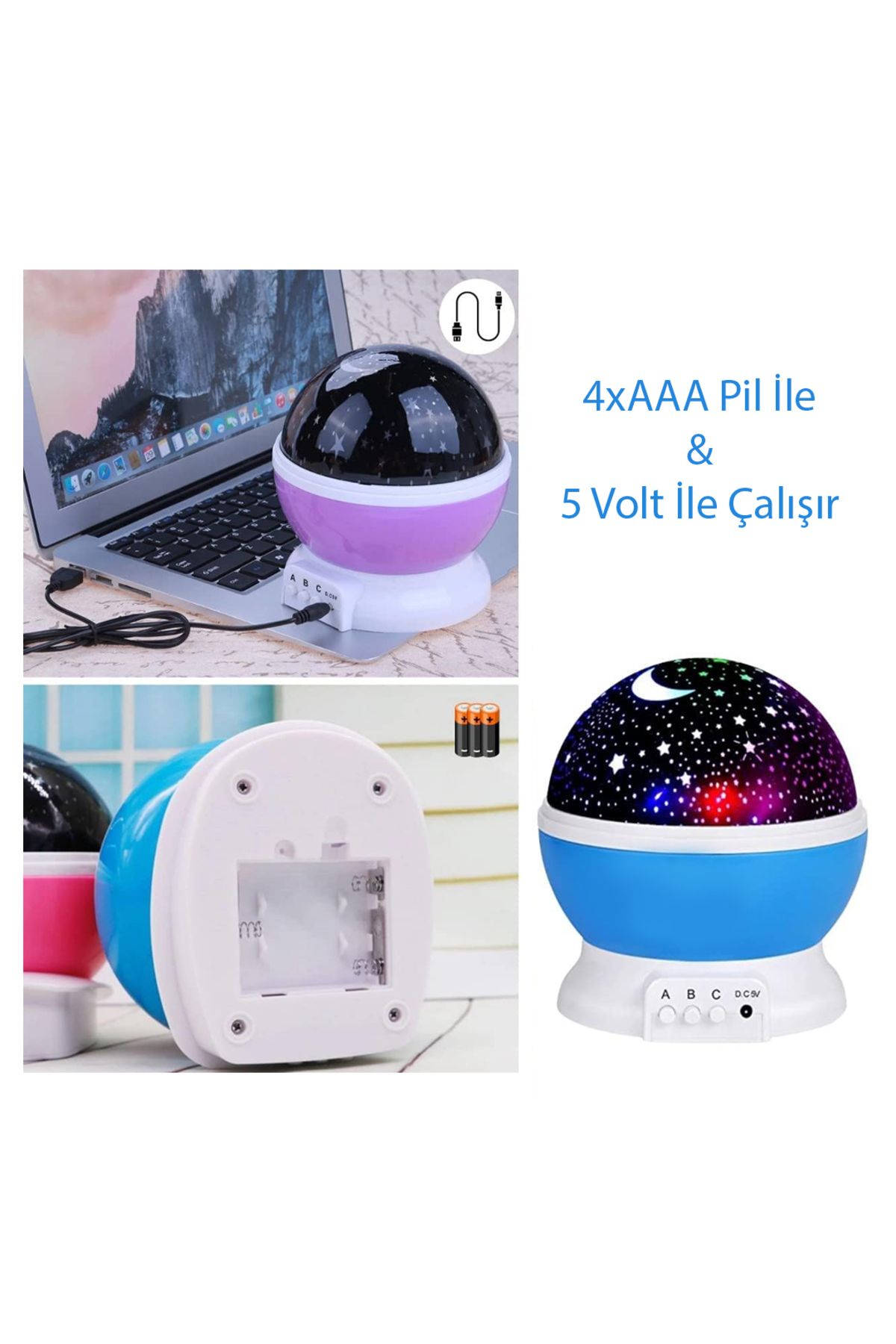 Derwell Yıldız Yansıtmalı Küre Tip Gece Lambası Kalem Pilli + 5 Volt Ile Çalışır Rengarenk Işıklı Dekor Işık