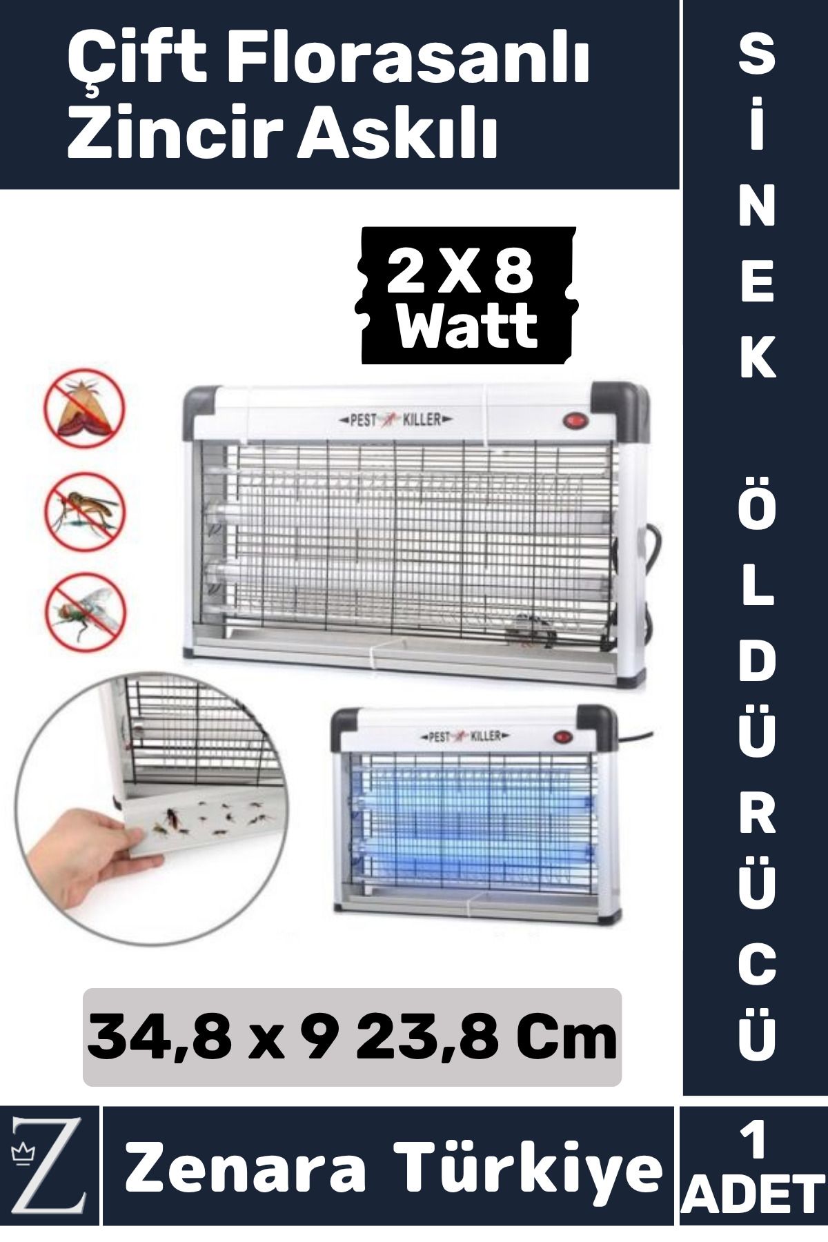 Zenara Premium Güçlendirilmiş UV Çift Florasanlı Zincir Askılı 16 Watt Sinek Kara Sinek Sivrisinek Öldürücü