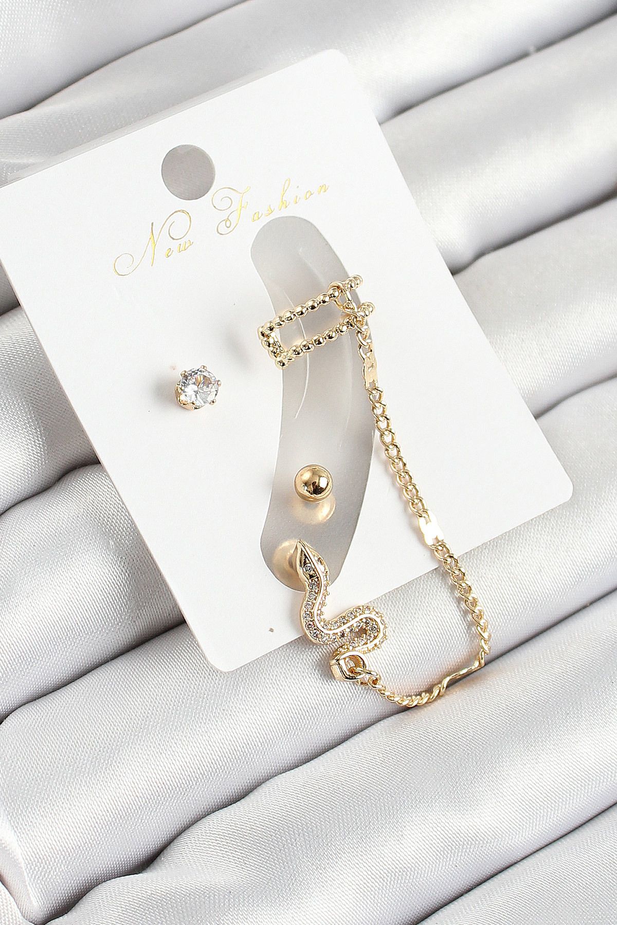 Tekno Yuva Pirinç Yılan Figürlü Zirkon Taşlı Gold Renk 3 lü Kıkırdak Kadın Küpe Set