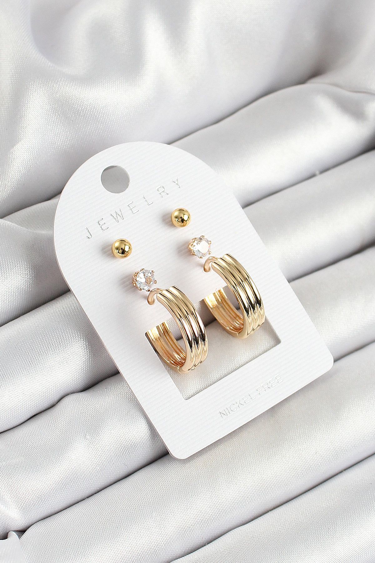 Tekno Yuva Pirinç Zirkon Taş Ve Halka Figürlü Gold Renk 3 lü Çift Kadın Küpe Set