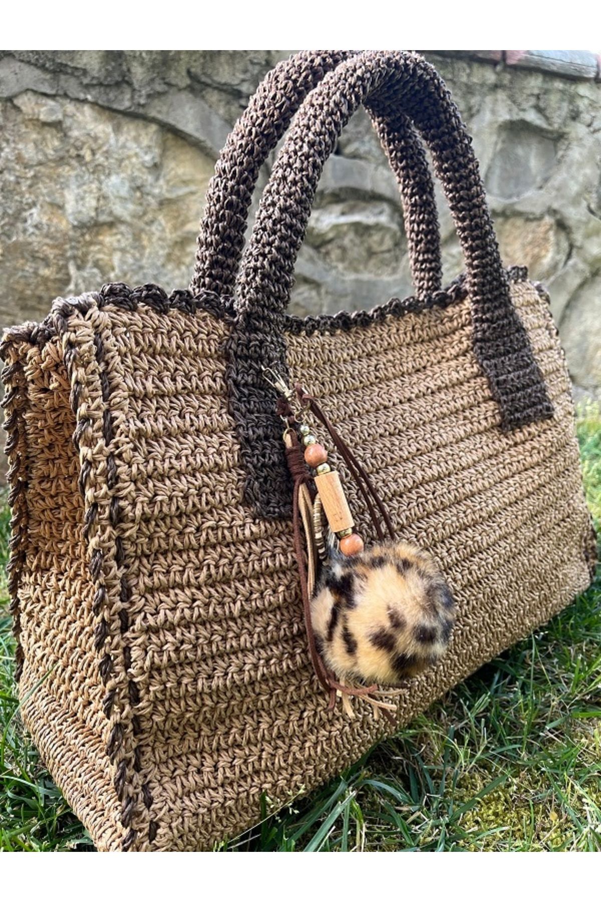 MSS ATALIER HASIR LEOPAR AKSESUAR TOTE ÇANTA,EL OMUZ SHOPPER , ÖRGÜ, GÜNLÜK -PLAJ EL OMUZ ÇANTASI
