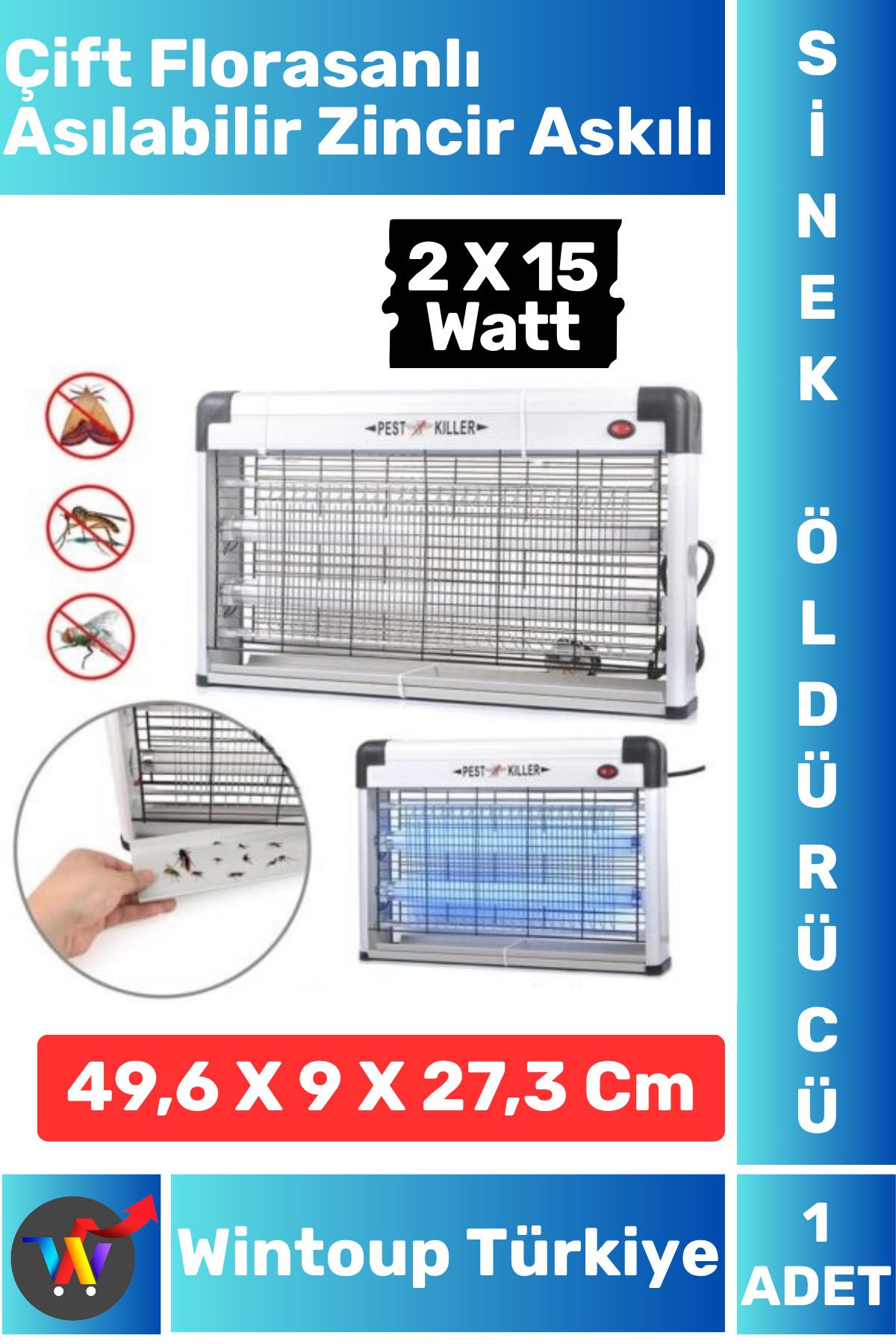 Wintoup Luxery Güçlendirilmiş UV Çift Florasanlı Zincir Askılı 30 Watt Sinek Kara Sinek Sivrisinek Öldürücü