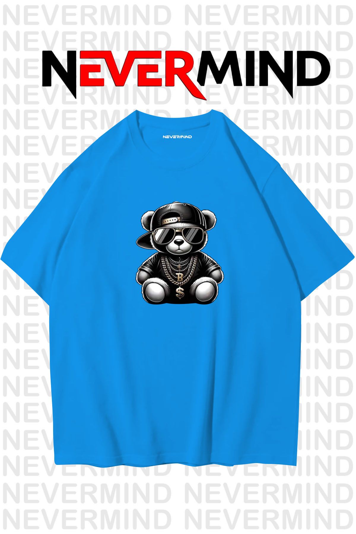 NEVERMIND Erkek Oversize Siyah Tişört – Hip Hop Ayı Baskılı, Sokak Modası Stil