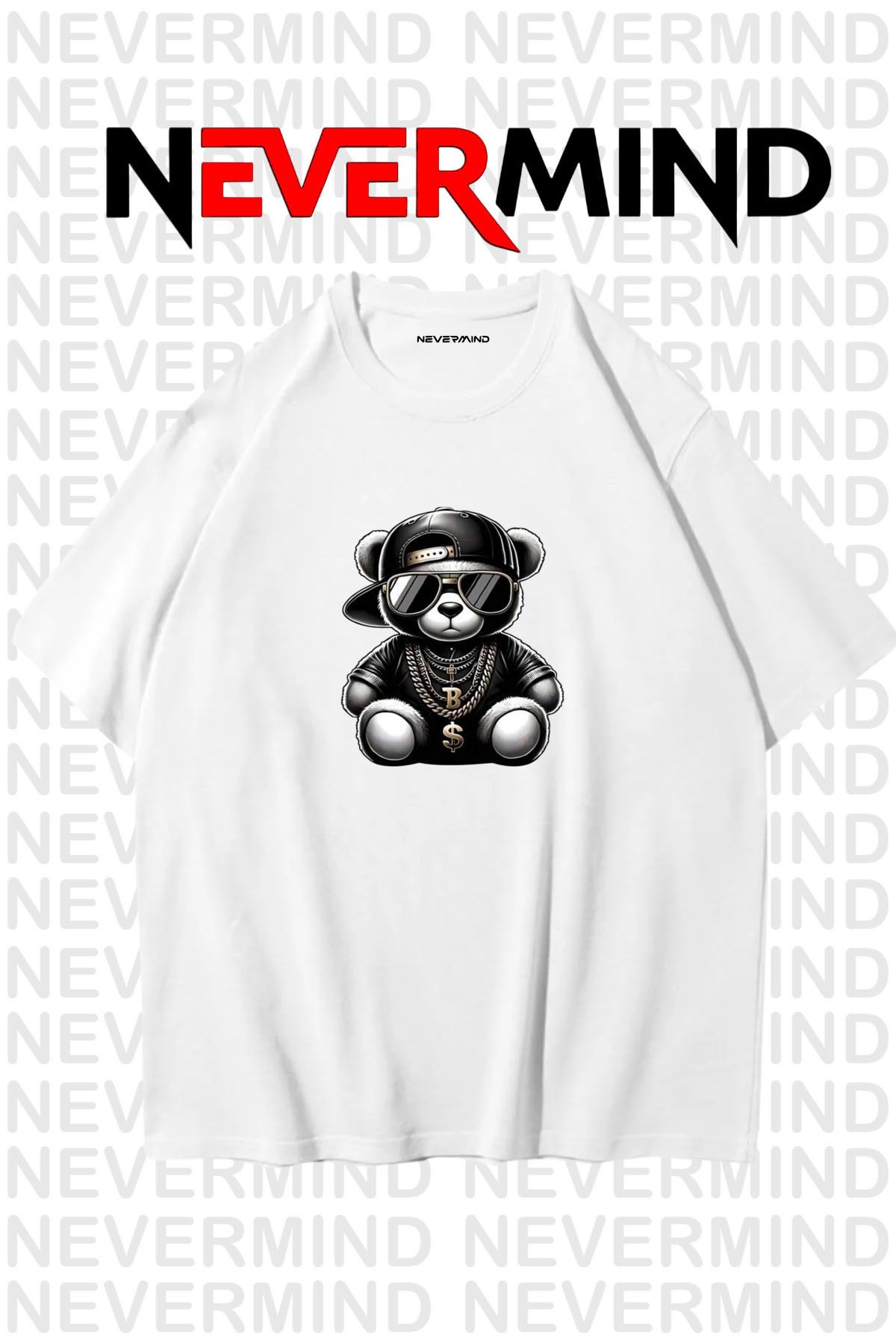 NEVERMIND Erkek Oversize Siyah Tişört – Hip Hop Ayı Baskılı, Sokak Modası Stil