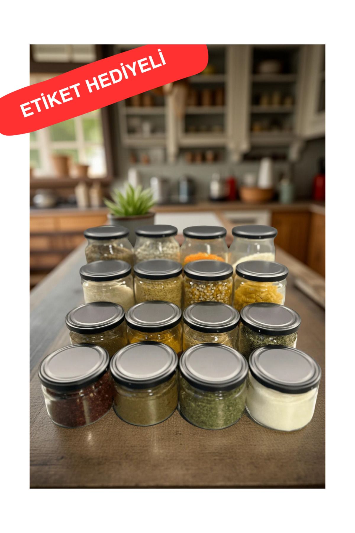 ZenGlow Siyah Metal Kapaklı Cam 12'li Lüx Baharat Takımı 300 ml Etiket Hediyeli