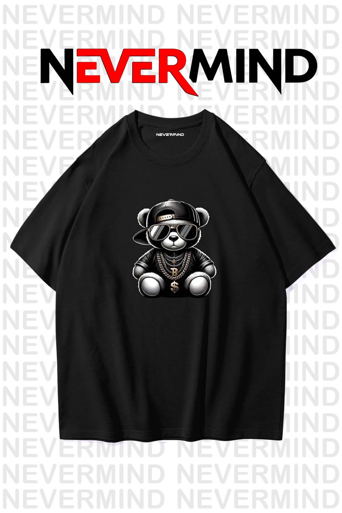 NEVERMIND Erkek Oversize Siyah Tişört – Hip Hop Ayı Baskılı, Sokak Modası Stil