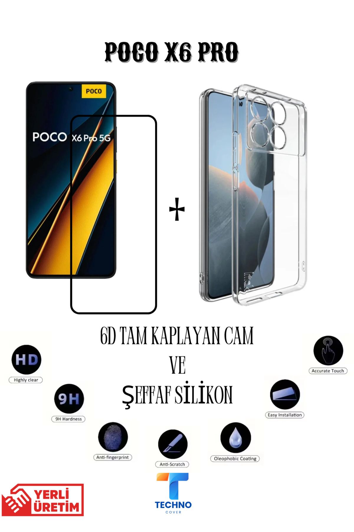 foxpower Poco X6 Pro 6D Tam Kaplayan Ekran Koruyucu ve Şeffaf Kılıf 2li Avantajlı Paket