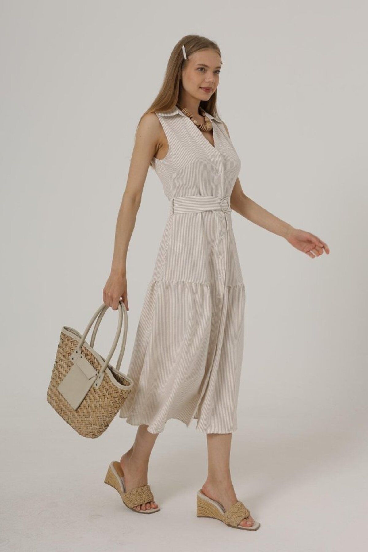 velmorafashion Kemerli Çizgili Elbise - Taş