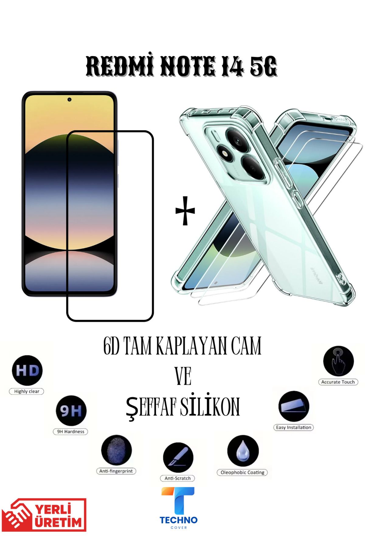 foxpower Redmi Note 14 5G 6D Tam Kaplayan Ekran Koruyucu ve Şeffaf Kılıf 2li Avantajlı Paket