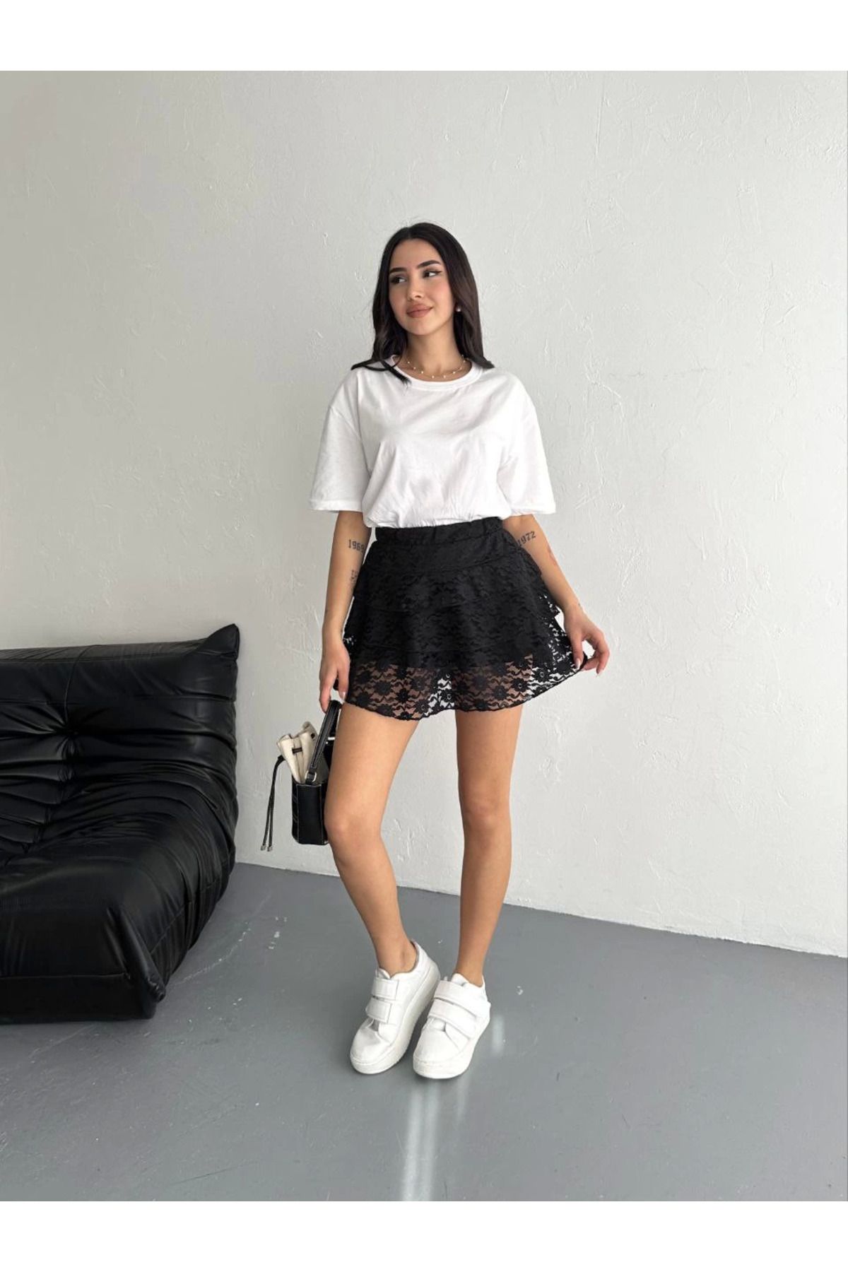 Pink Stil Dantel Beli Lastikli Şortlu Mini Etek - Siyah Pink Stil