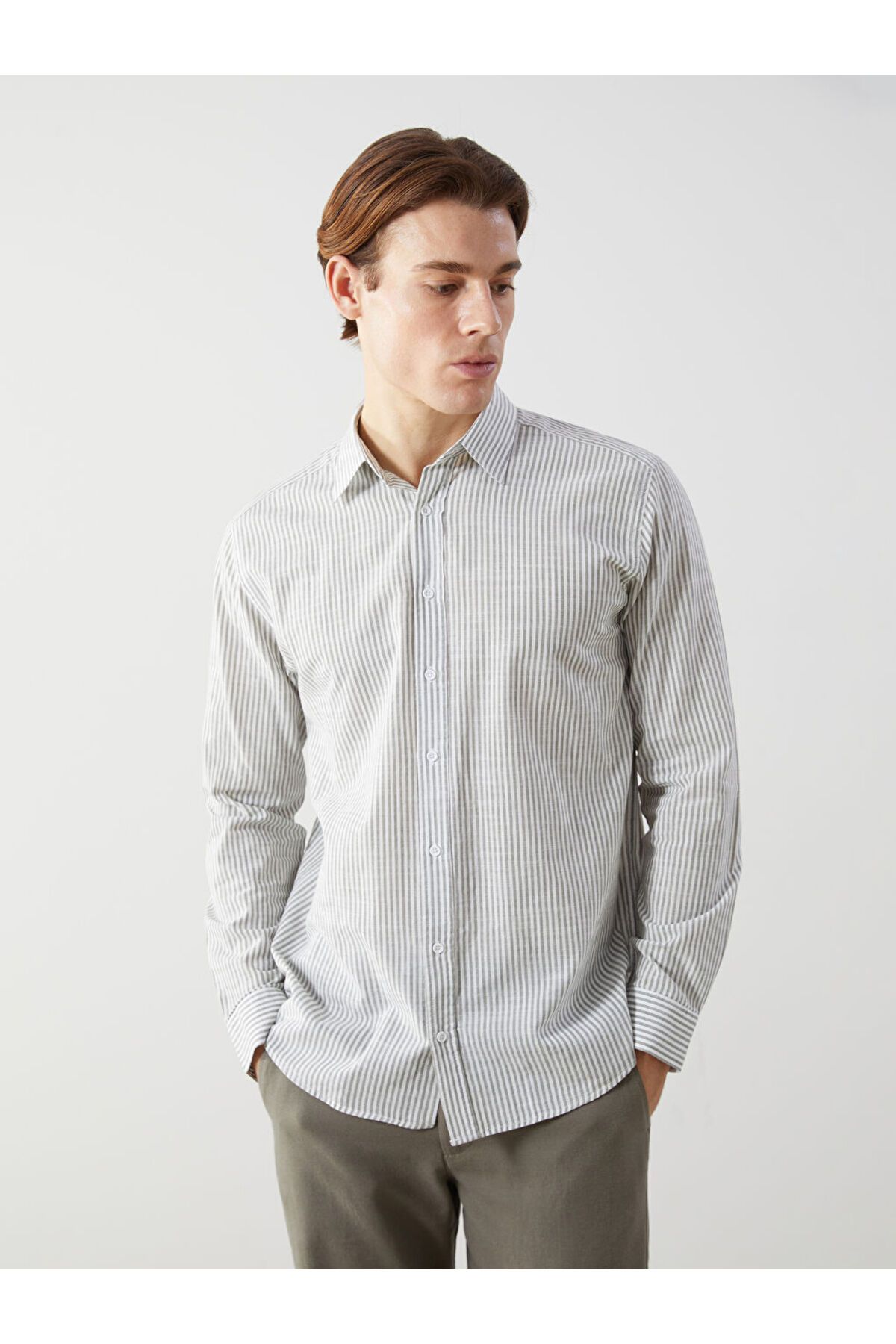 LC Waikiki LCW Vision Yeşil Slim Fit Uzun Kollu Çizgili Poplin Erkek Gömlek S5BQ22Z8NVY25