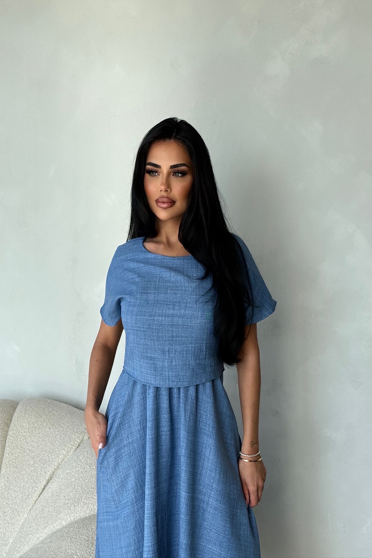 LİLA İSTANBUL Bisiklet Yaka Bluz Detaylı Özel Tasarım İkili Takım Yazlık Elbise