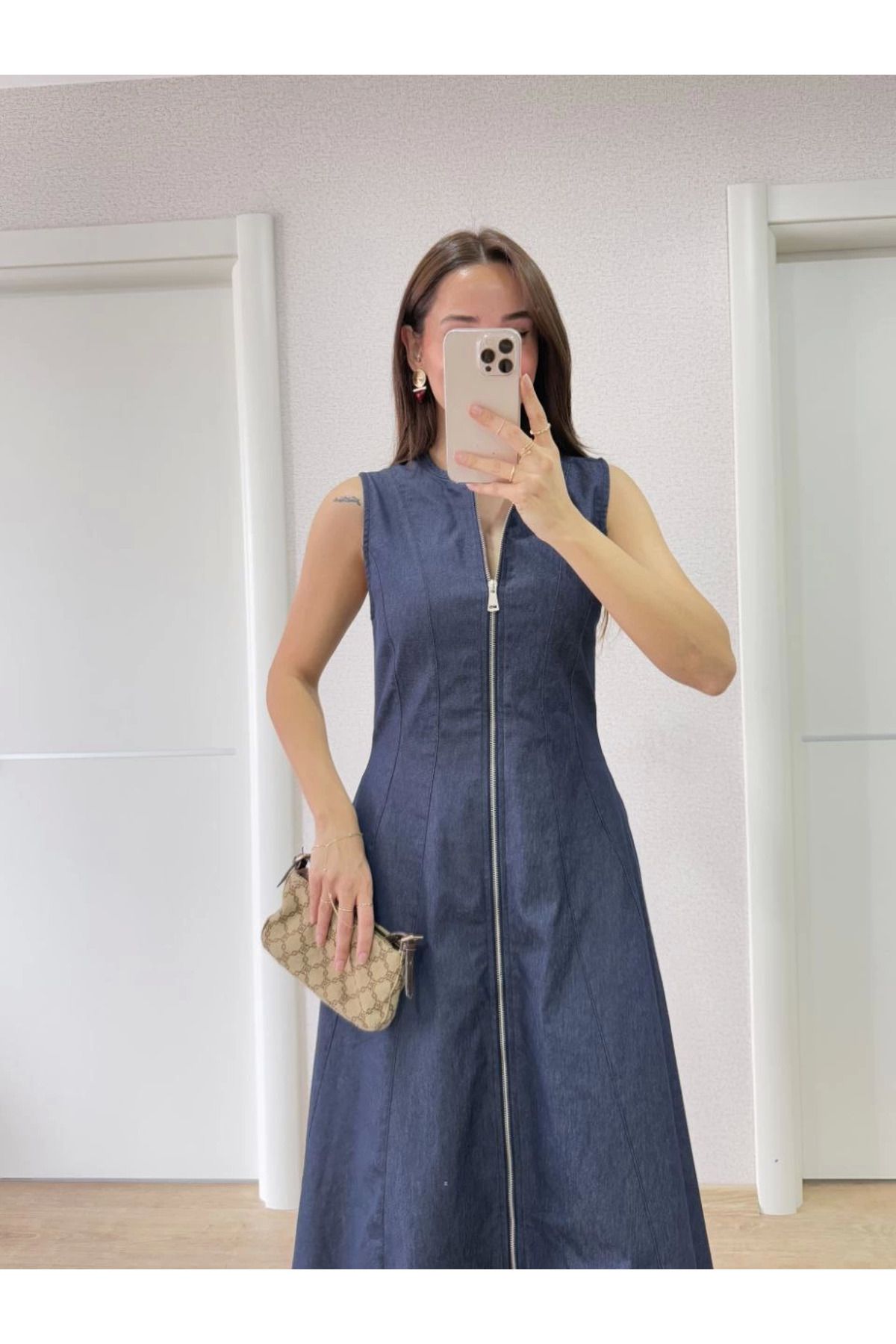 Kadınle Jeans Kot Önü Tam Fermuarlı Kadın Uzun Elbise - Mavi