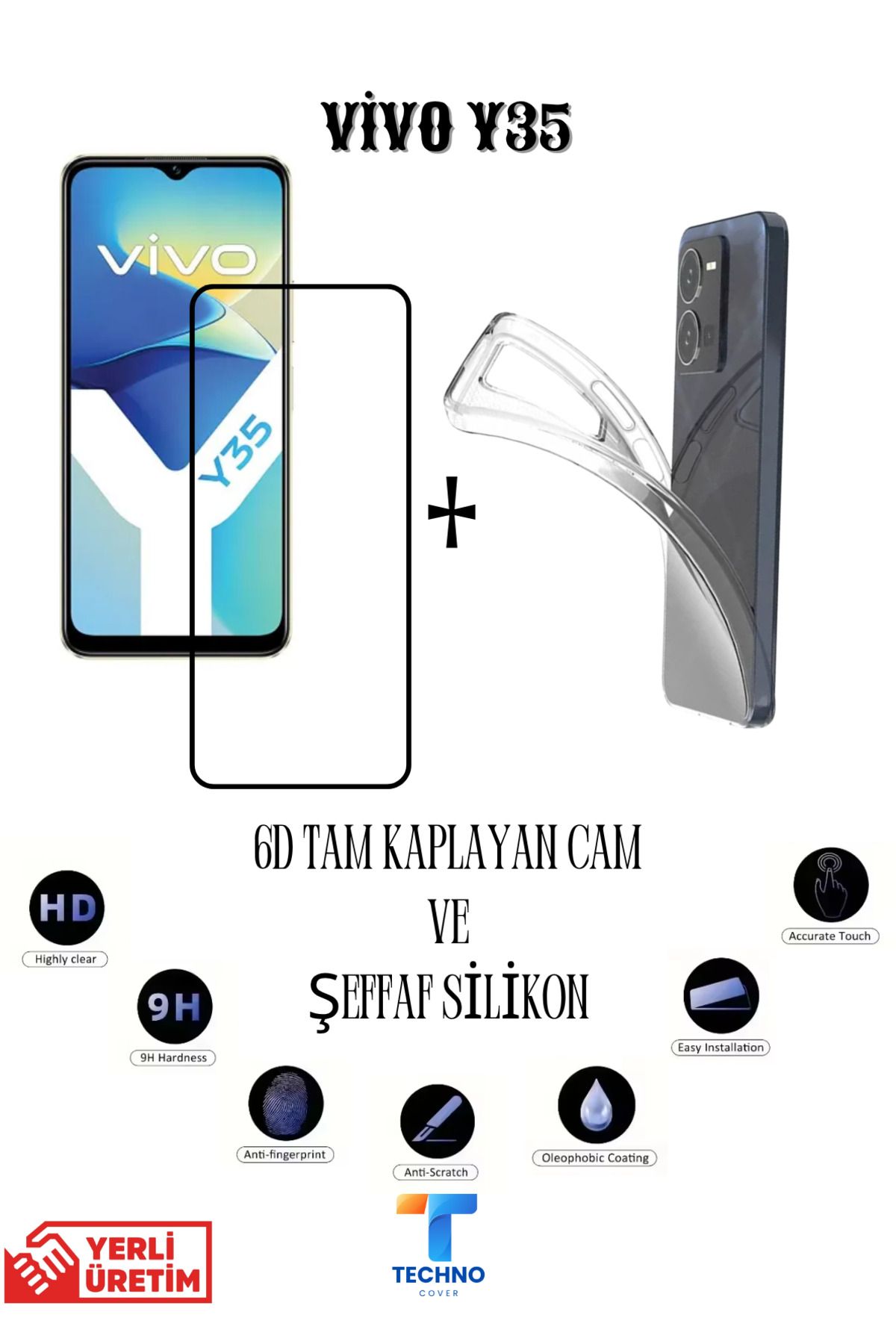 foxpower Vivo Y35 6D Tam Kaplayan Ekran Koruyucu ve Şeffaf Kılıf 2li Avantajlı Paket