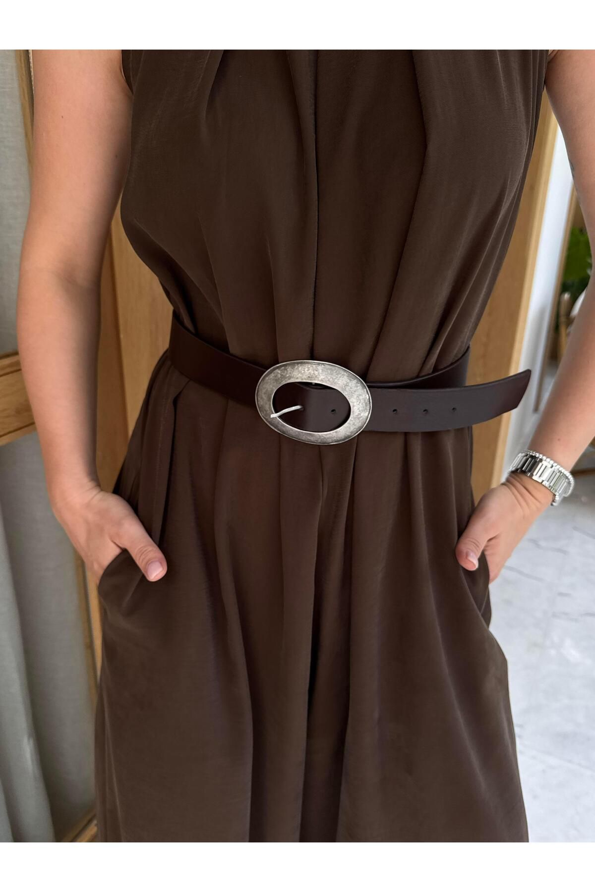 Tina İstanbul Antik Oval Tokalı Kemer 4cm Acı Kahve