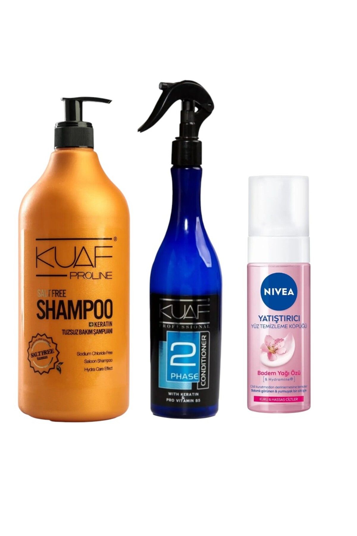 Kuaf Tuzsuz Keratin Şampuan 1000 ml+ Mavi Keratinli Sıvı Saç Kremi 400 ml + Nıvea- yüz temizleyici köpük