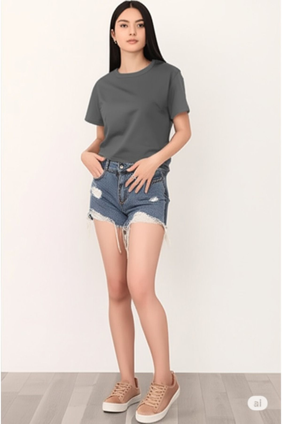 luuflee iki iplik bisiklet yaka füme oversize T-shirt