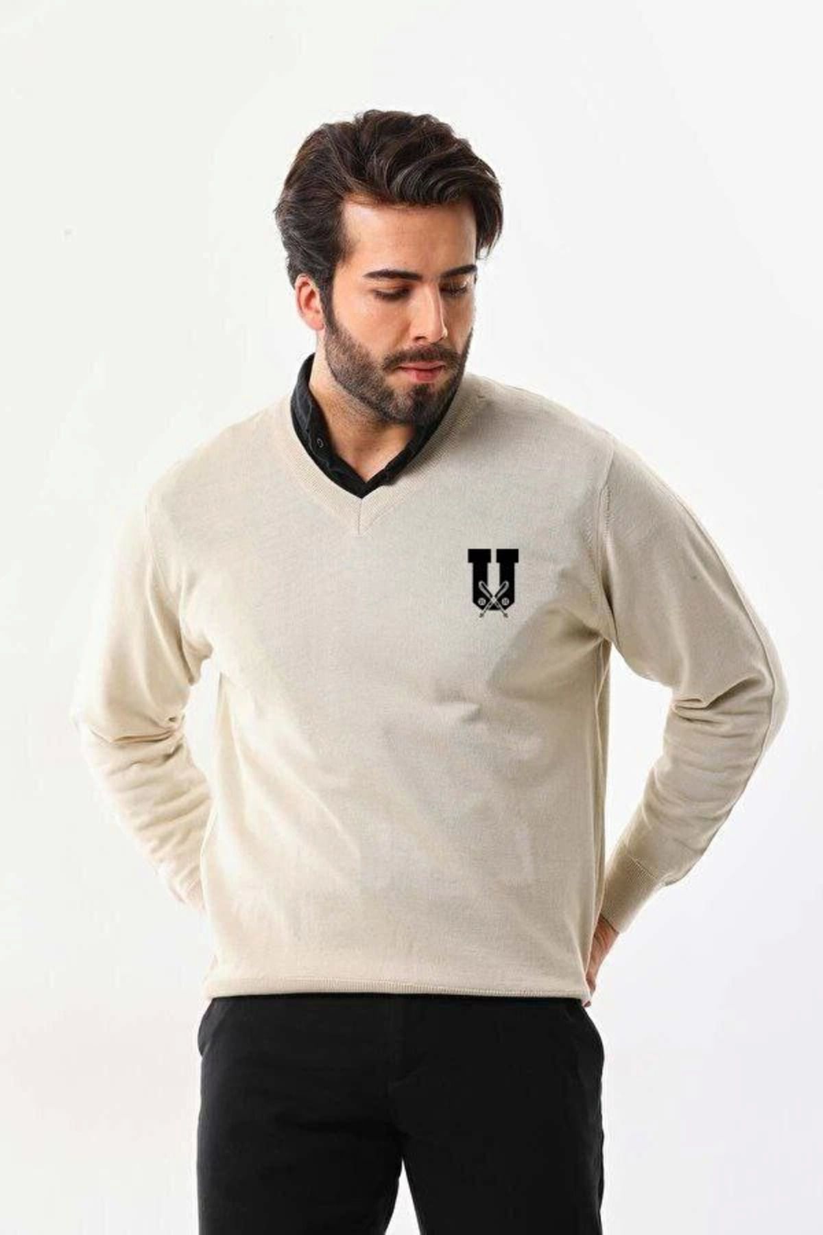 Pink Stil Baskılı V Yaka Uzun Kol Dokuma Triko - Bej Pink Stil
