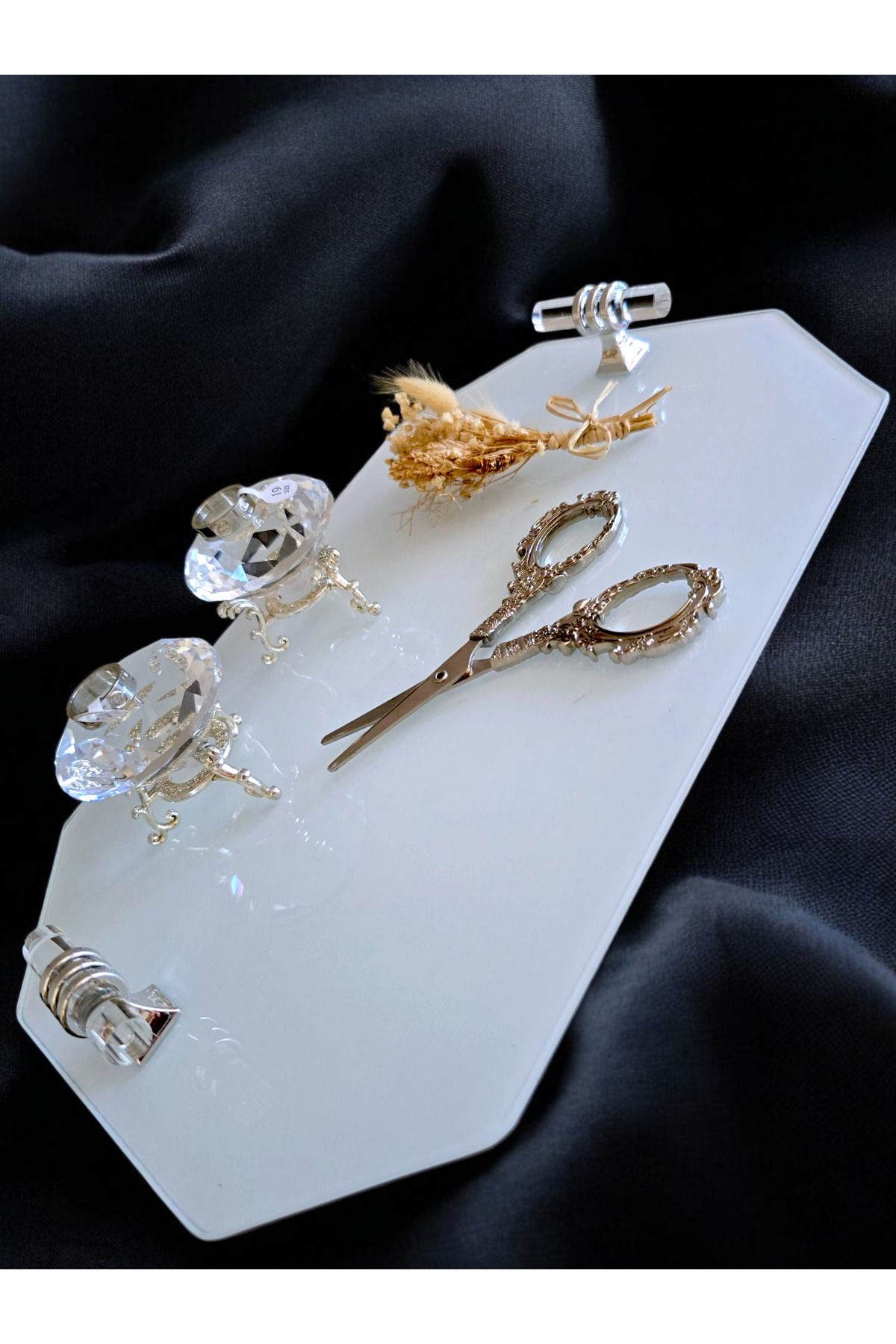 AYZ HOME Söz Nişan Tepsisi/ Tepsi Seti 35*22,5cm -Cam Nişan Tepsisi-Yüzük Yükseltici-Makas-KuruÇiçek
