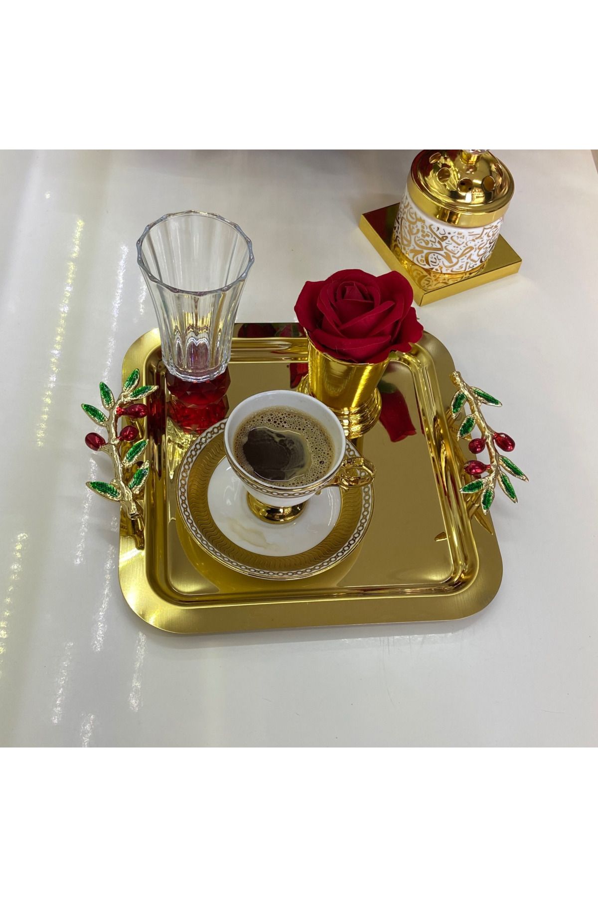 mucit home Kenarlari Kiraz Motifli Gold Tepsi
