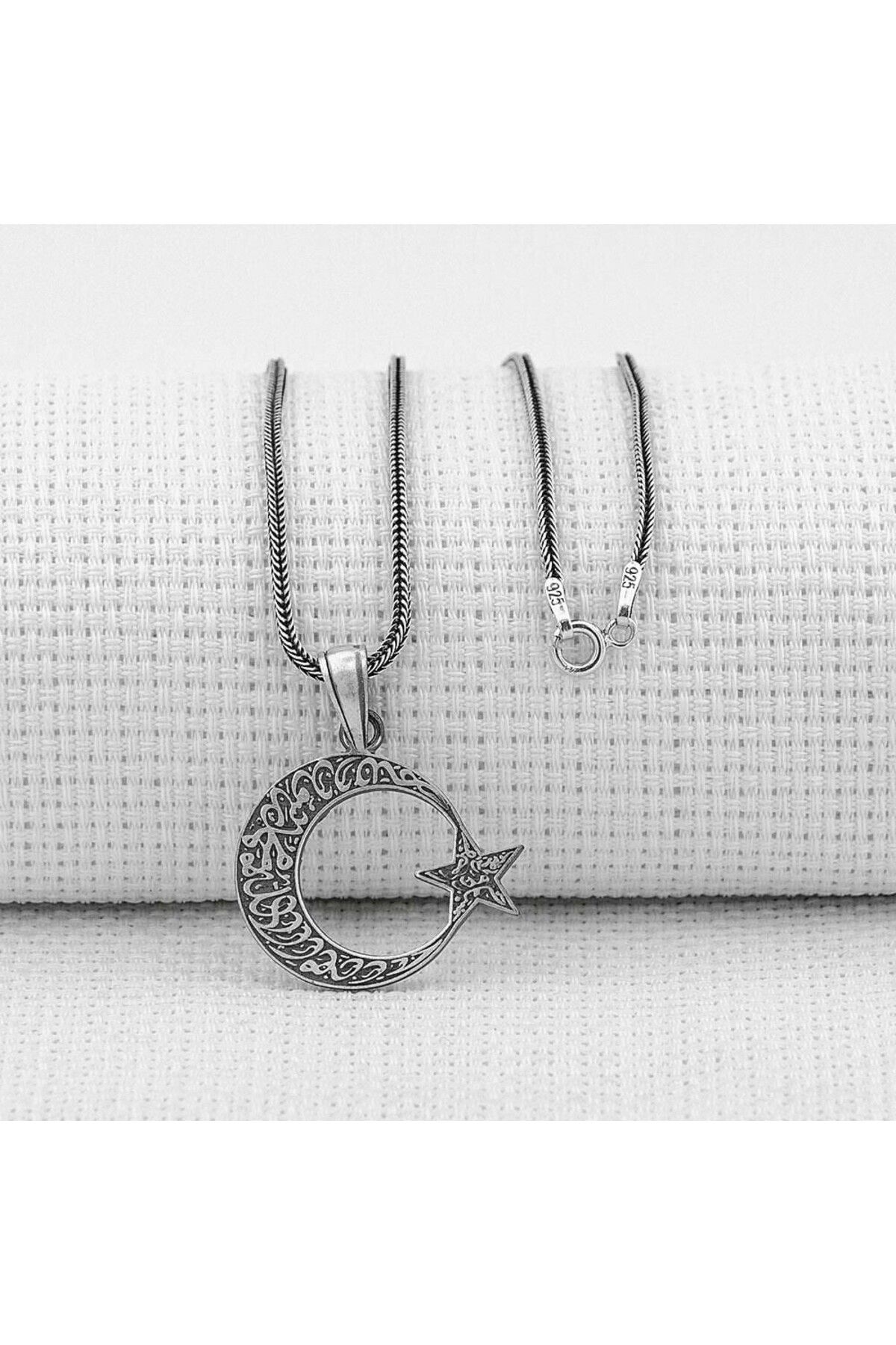 shop Ay Yıldız Tasarımlı Kelimeyi Tevhid Yazılı 925 Ayar Gümüş Erkek Kolye