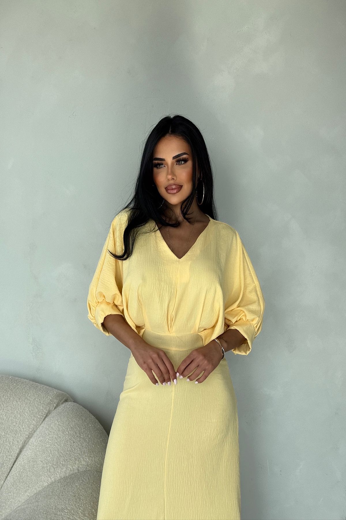 kamacibutik V YAKA BALON KOL ELBİSE
