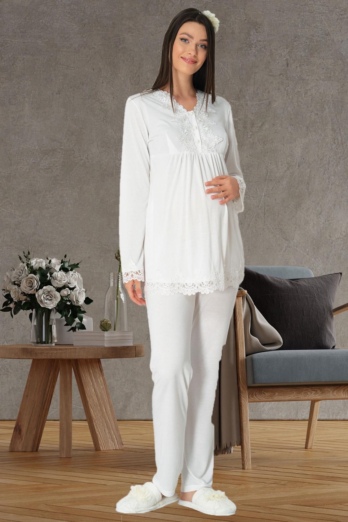 By Mecit Pijama Hamile Uzun Kollu İşleme Detaylı Lohusa Pijama Takımı