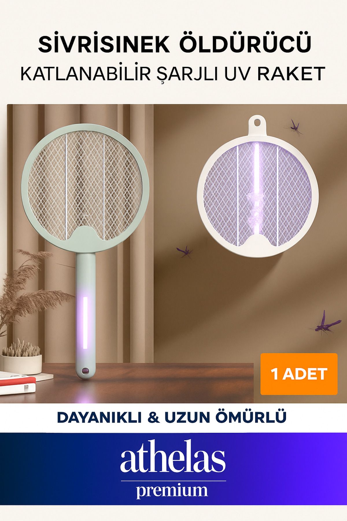 Athelas Sessiz Kullanımlı UV Işıklı Katlanabilir Şarjlı Elektrikli Taşınabilir Sabitlenebilir Sinek Raket