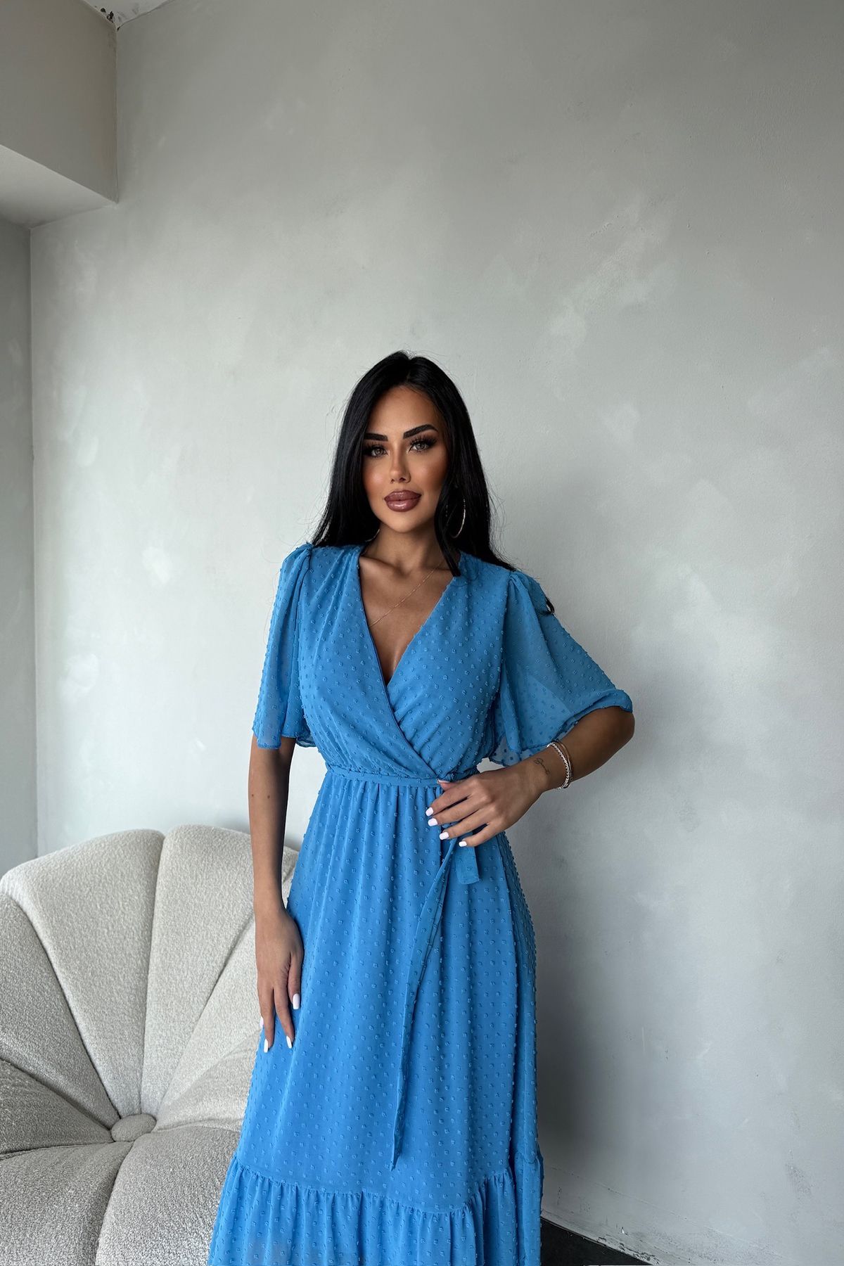 kamacibutik KRUVAZE YAKA DESENLİ ŞİFON ELBİSE