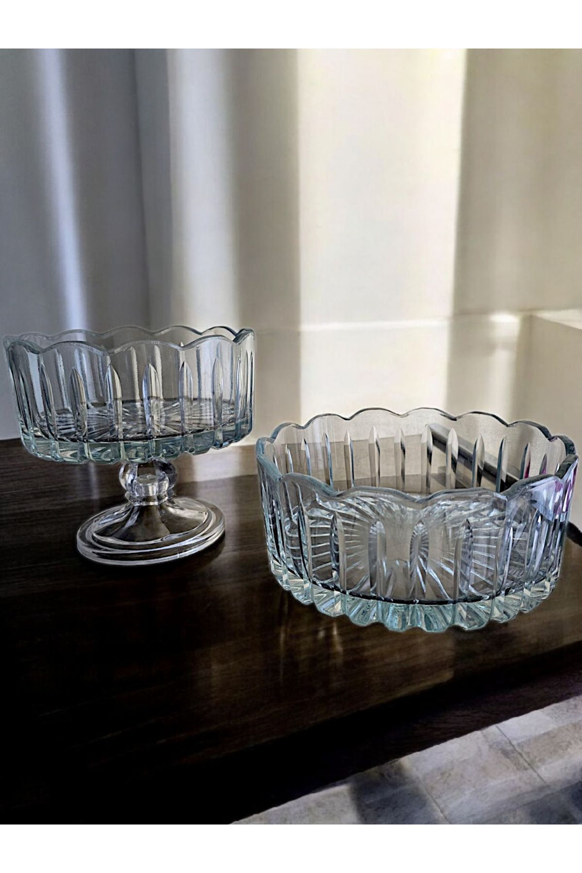 AYZ HOME Kesme Kristal Cam 2li Sunum Kase Seti / 16cm Ayaklı -19 cm Ayaksız.%100El İşçiliği