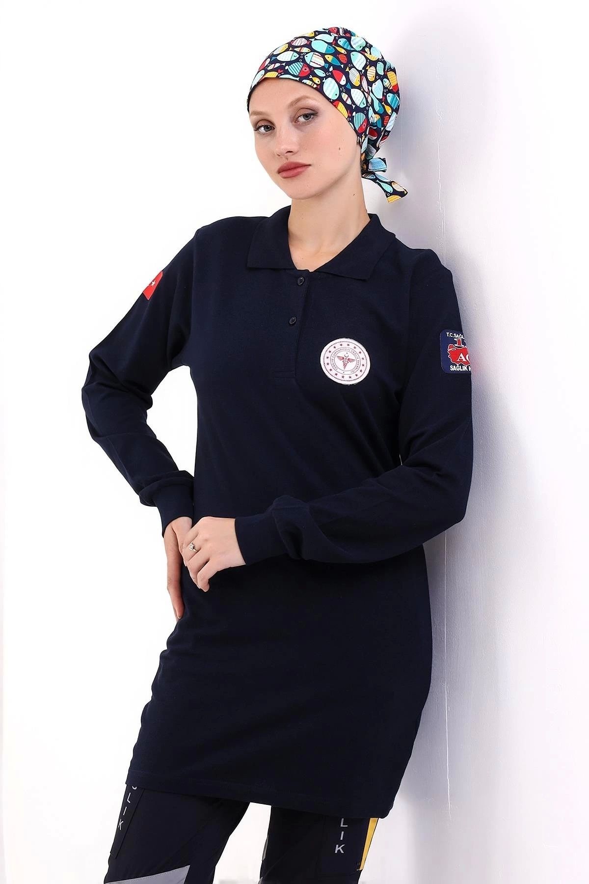 bianada Bilenn 112 Acil Sağlık Yakalı Tshirt Tunik Baskılı - Lacivert