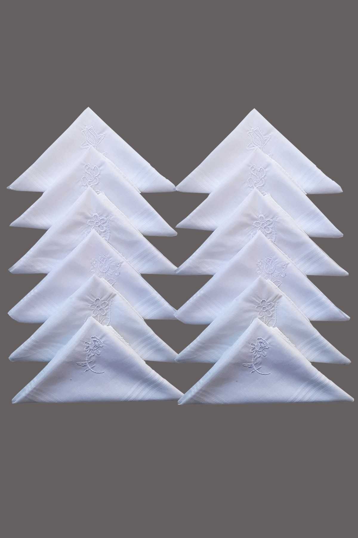 merland benvecocuk Çiçek İşlemeli Mendili 12 Adet 28x28 cm 100 Pamuk