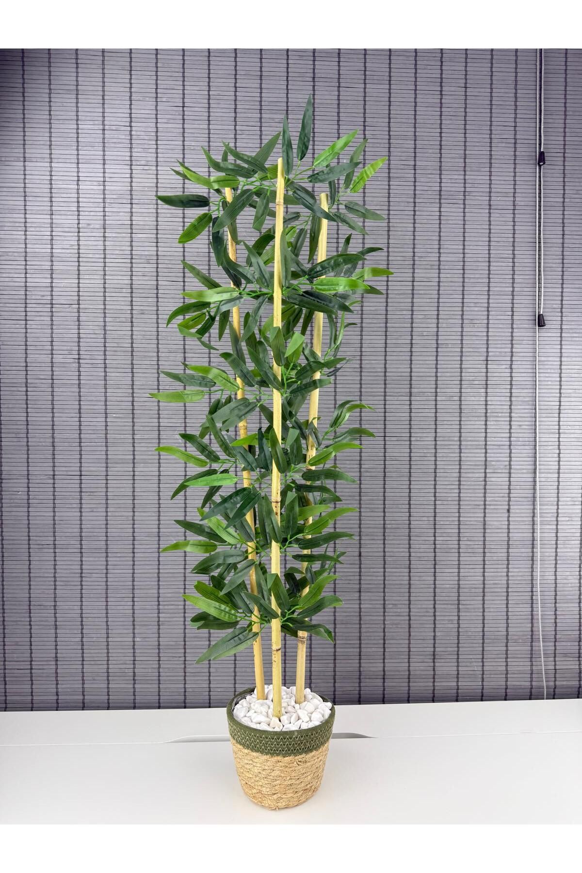 Bahçem Dekoratif Yapay Yapraklı Hasır Sea Grass/Yeşil Koton Saksılı 3 Gövde Bambu Ağacı 90 Cm