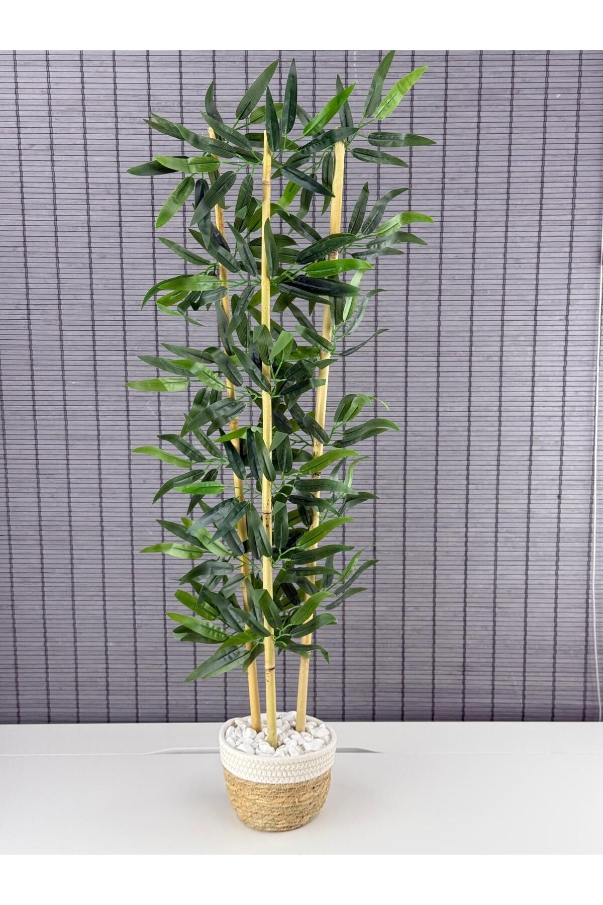 Bahçem Dekoratif Yapay Yapraklı Hasır Sea Grass/Beyaz Koton Saksılı 3 Gövde Bambu Ağacı 90 Cm