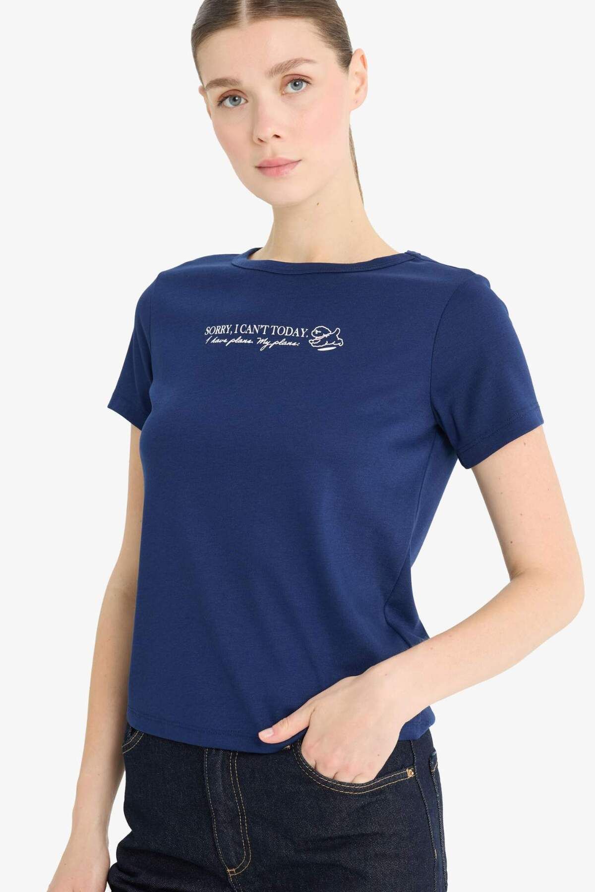 DeFacto Regular Fit Bisiklet Yaka Slogan Baskılı Ribana Kısa Kollu Tişört F5101AX25SM