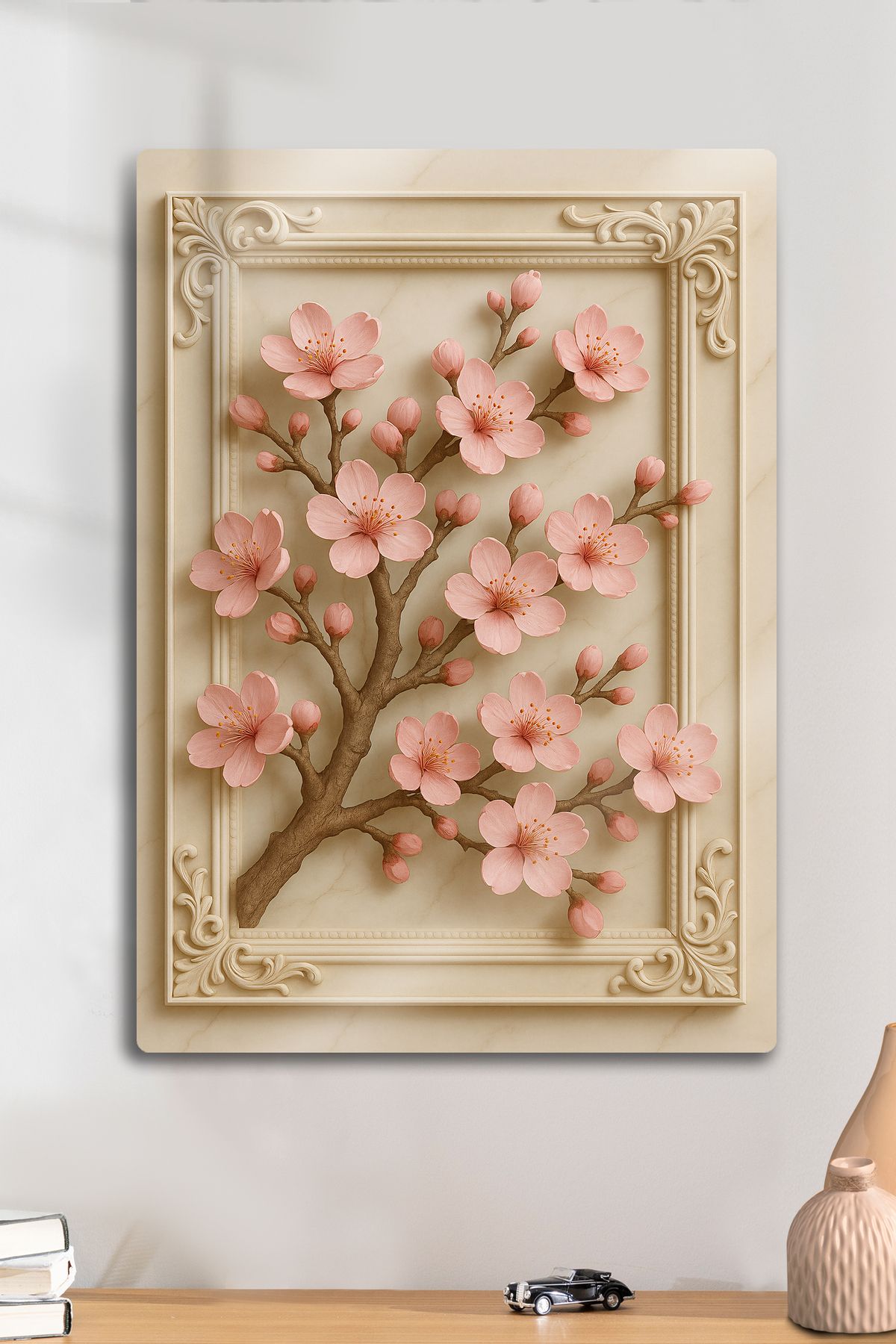 DekorHane 3D Kabartma Çerçeve Görünüm Sakura, Kiraz Çiçeği, Metal Üzerine Baskı Parlak Dekorasyon Tablo