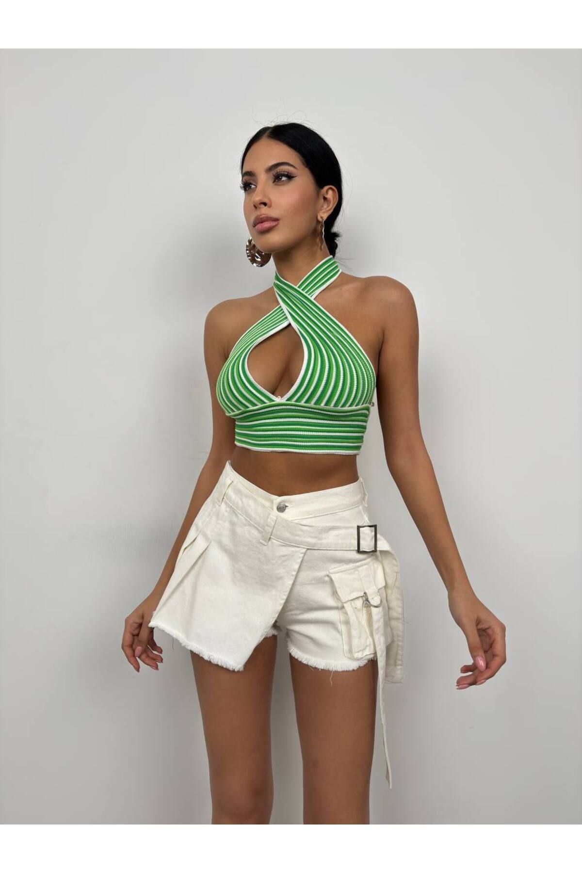 Castivo Fashion Halter Yaka Çizgili Crop Büstiyer