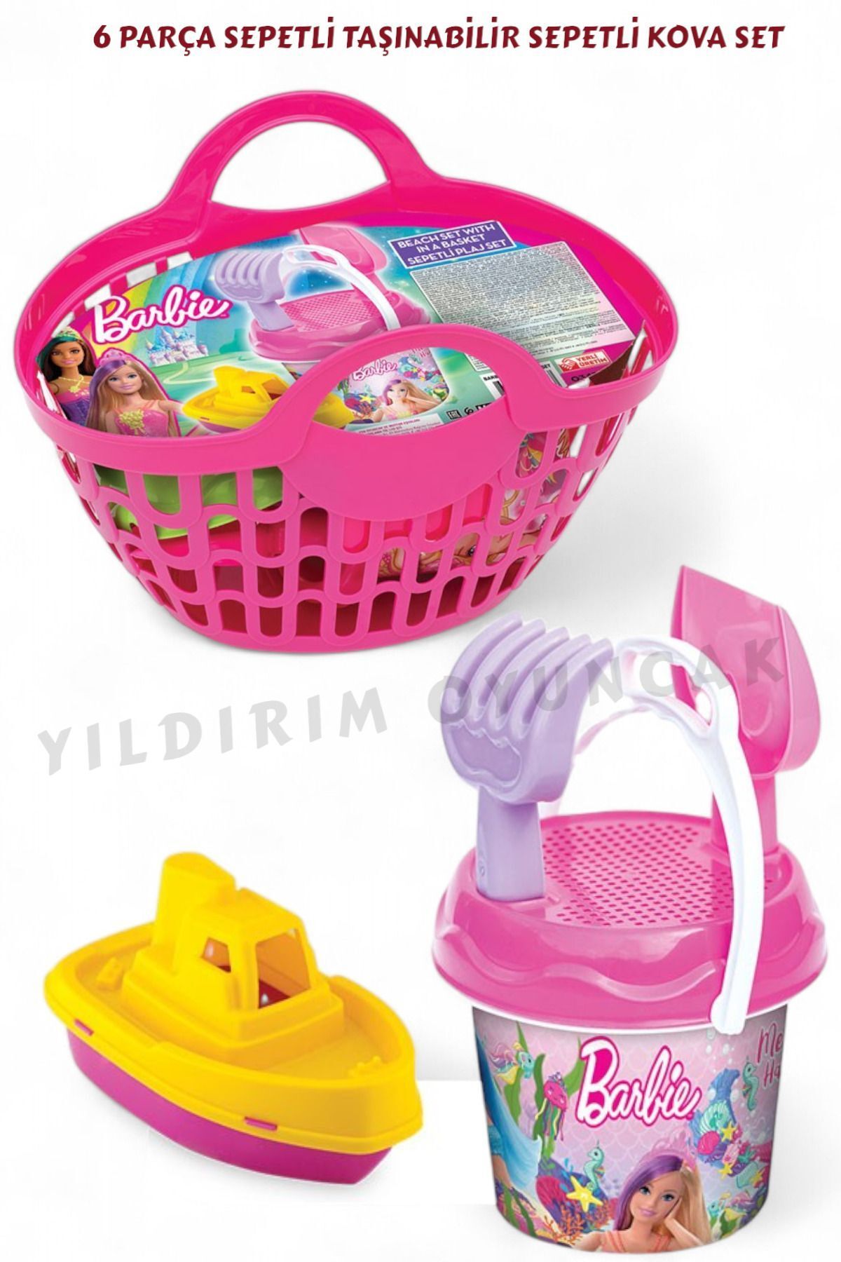 SerenityHaven 6 Parça Barbii Sepetli Plaj Seti Aksesuarlı Kovalı Taşınabilir Set - Sepetli Deniz Plaj Oyuncak Set