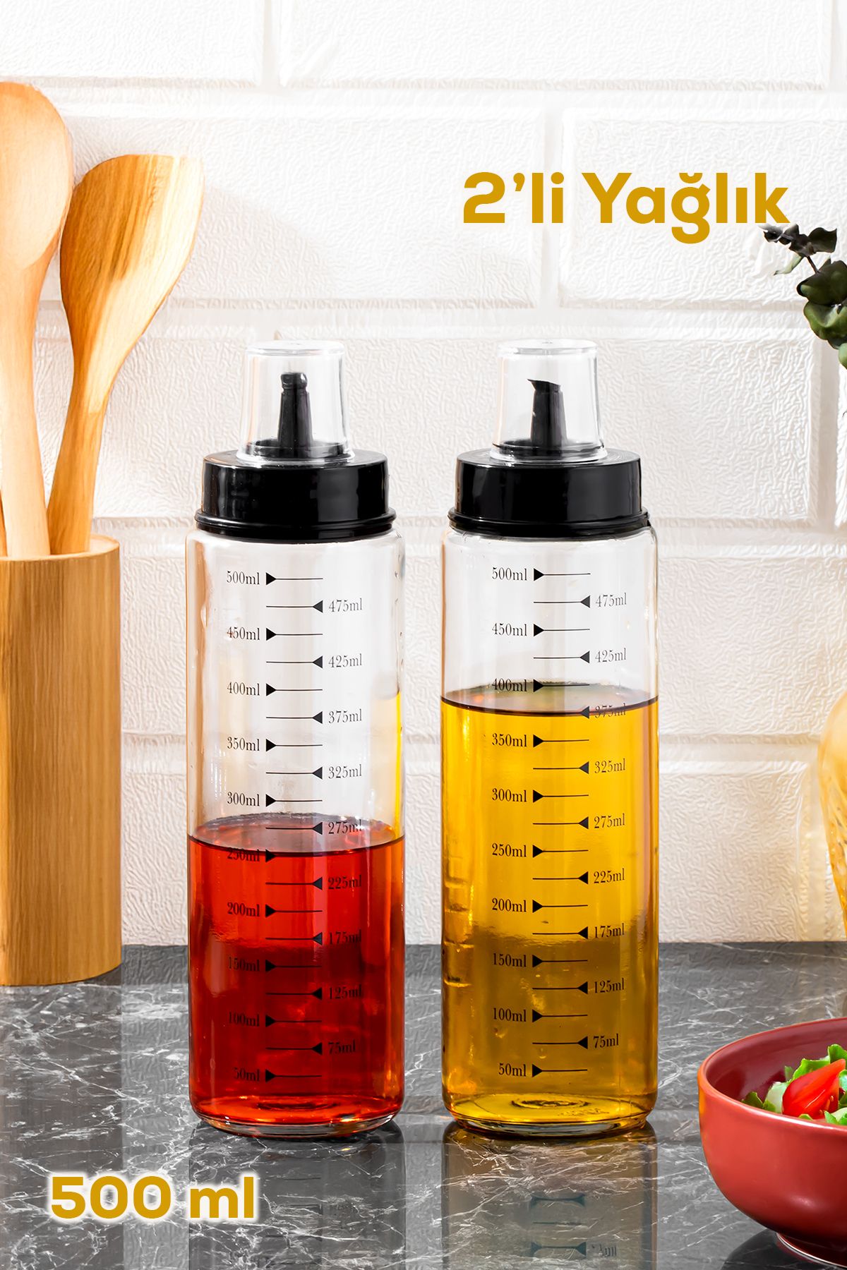 Porsima 4328 2li Kapaklı Ölçekli Cam Yağlık Sirkelik Yağdanlık 500ml