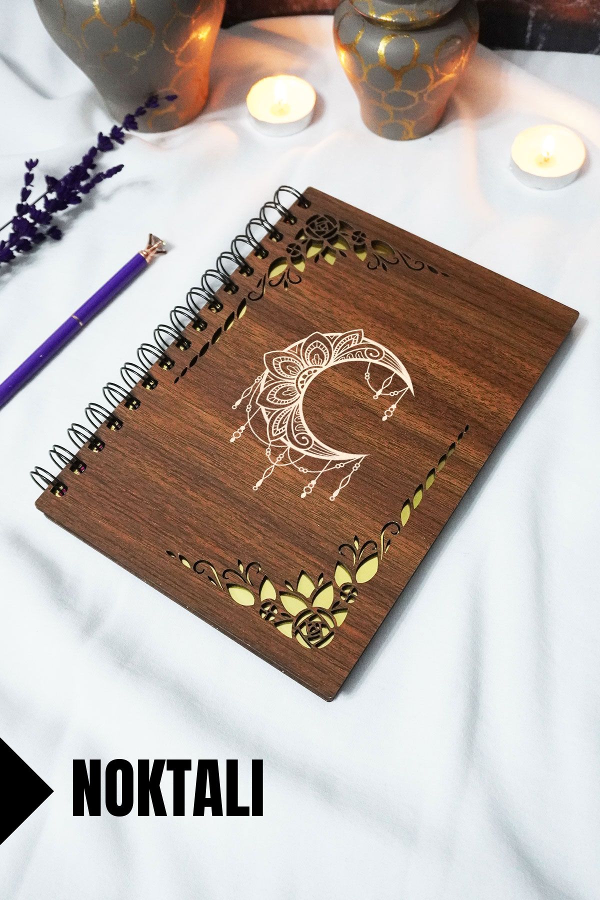 markcat Ay Mandala Ahşap Kapaklı Spiralli Defter - Noktalı Defter - 60 Yaprak (120 SAYFA) - A5 15x21 Cm