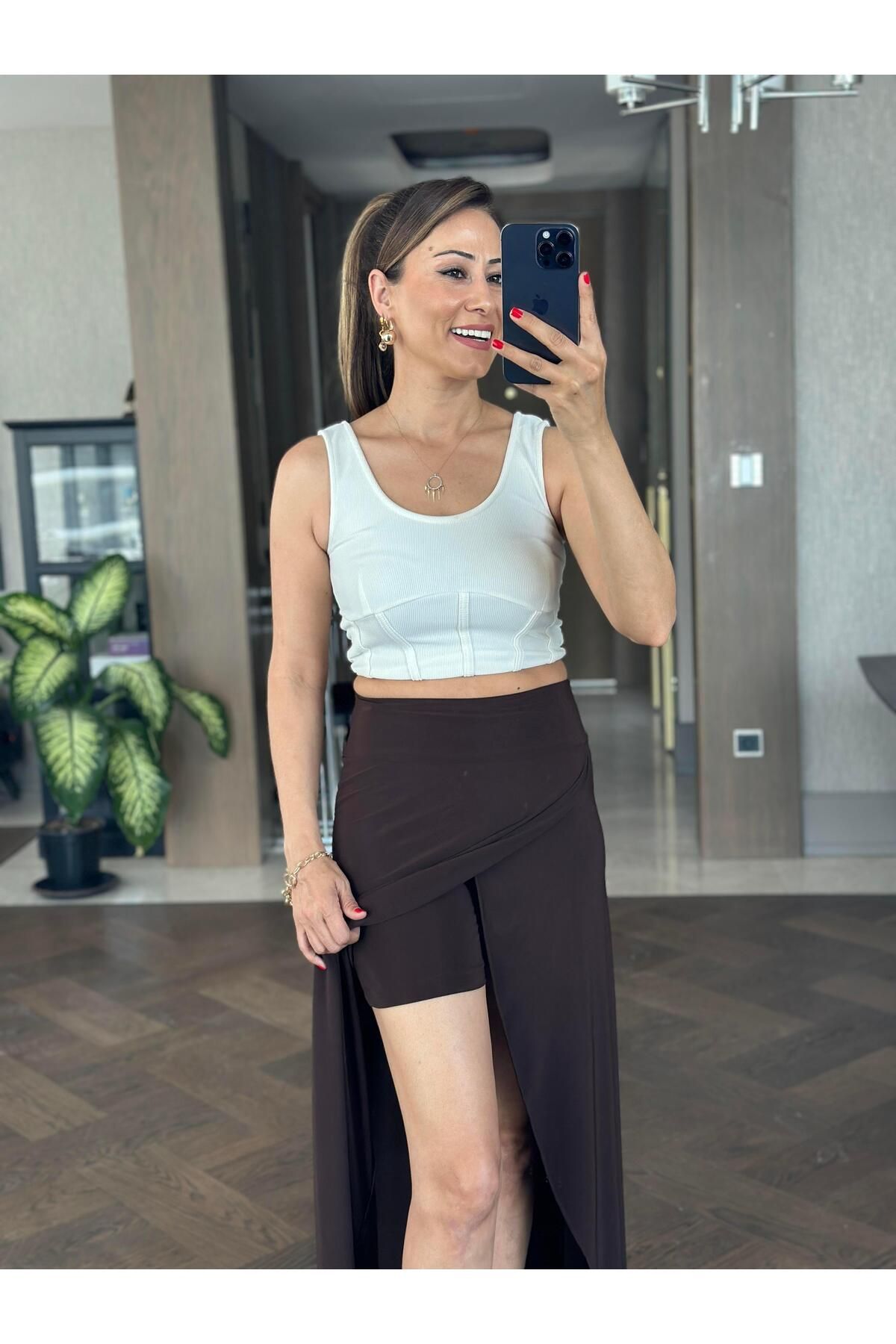 Forlady Butik Kahverengi Sandy Kumaş Anvelop İçi Şortlu Kadın Midi Boy Etek