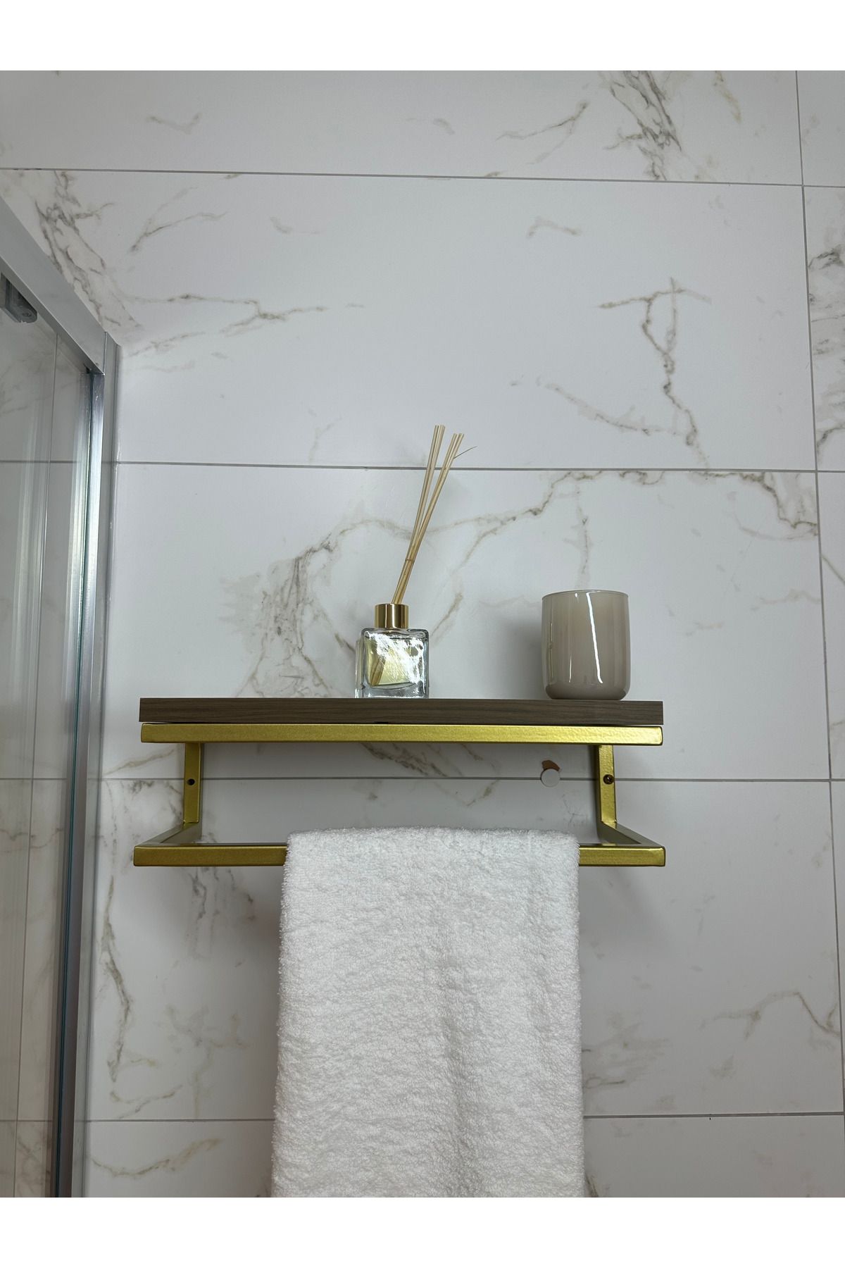 lyla concept Fulya Banyo Ahşap Raflı Gold Metal Havlu, Şal Askılık