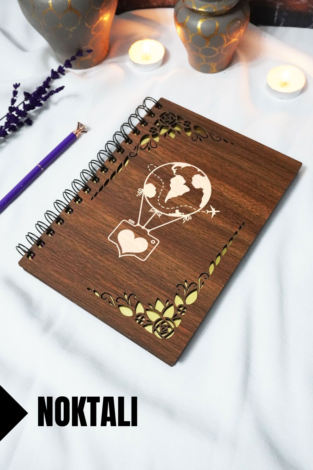 markcat Uçan Balon Ahşap Kapaklı Spiralli Defter - Noktalı Defter - 60 Yaprak (120 SAYFA) - A5 15x21 Cm