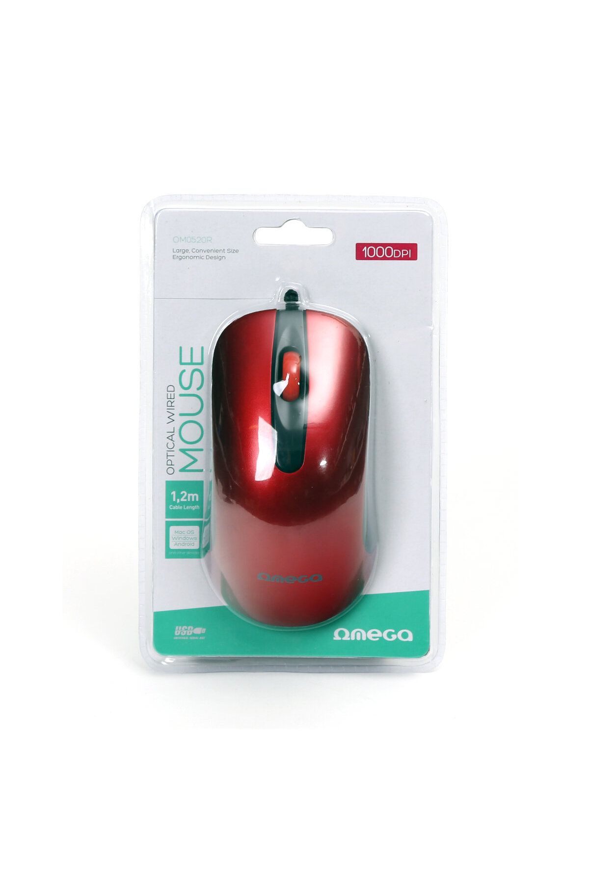 Omega-USB mouse, Omega 45268 OM-520, with 1.2 m cable, 3 buttons, 1000 dpi, red with black 5
