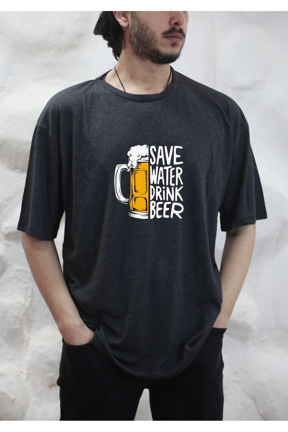 sielta Bira Beer Baskılı Oversize Erkek Pamuklu Antrasit Tişört T-shirt