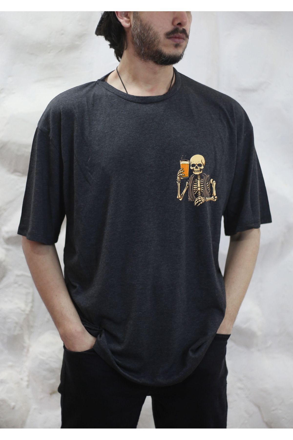 sielta Bira İskelet Kuru Kafa Oversize Erkek Pamuklu Antrasit Tişört T-shirt